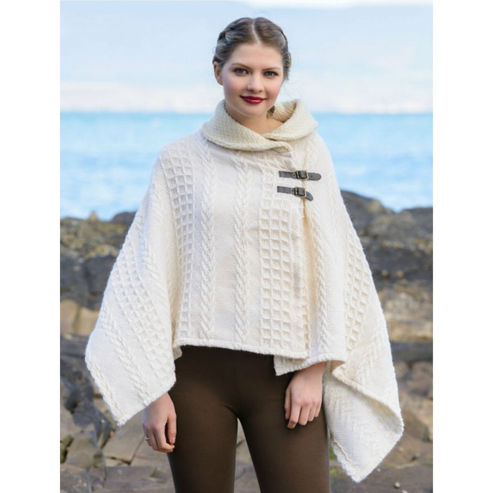 John Branigan Weavers Wool Made in Ireland Cream Chunky Fisherman Shawl Wrap‎ OS